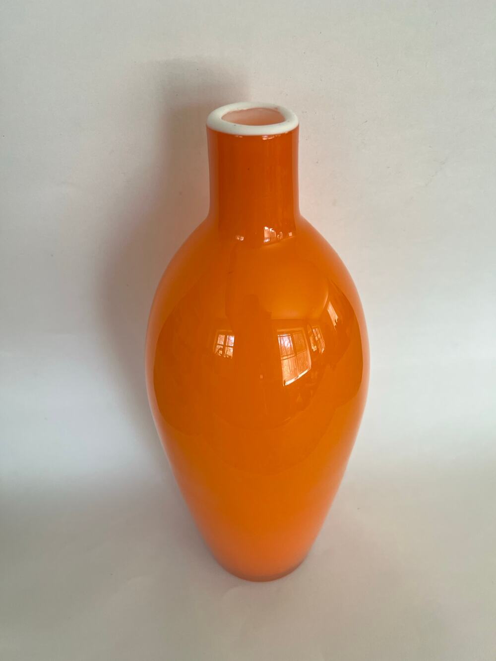 Vintage MCM Hand Blown Orange Cased Glass Large Vase - Italian Empoli Style JL